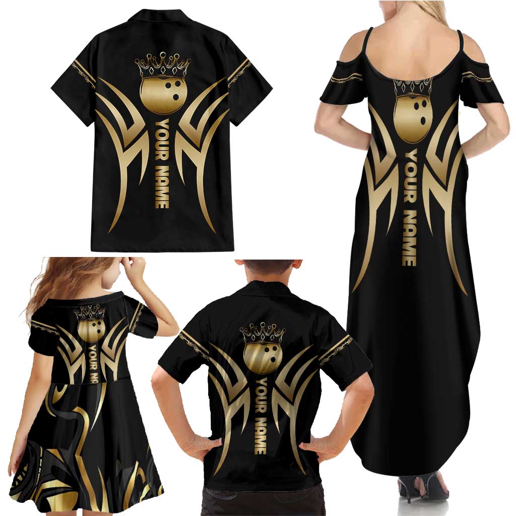 Personalized Golden Tribal Bowling Ball Emblem Family Matching Summer Maxi Dress and Hawaiian Shirt with Black Abstract Metallic Pattern - Wonder Print Shop