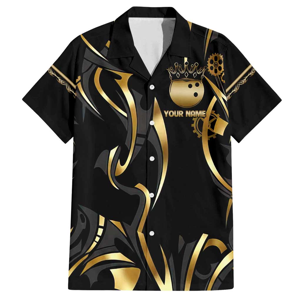 Personalized Golden Tribal Bowling Ball Emblem Family Matching Summer Maxi Dress and Hawaiian Shirt with Black Abstract Metallic Pattern - Wonder Print Shop