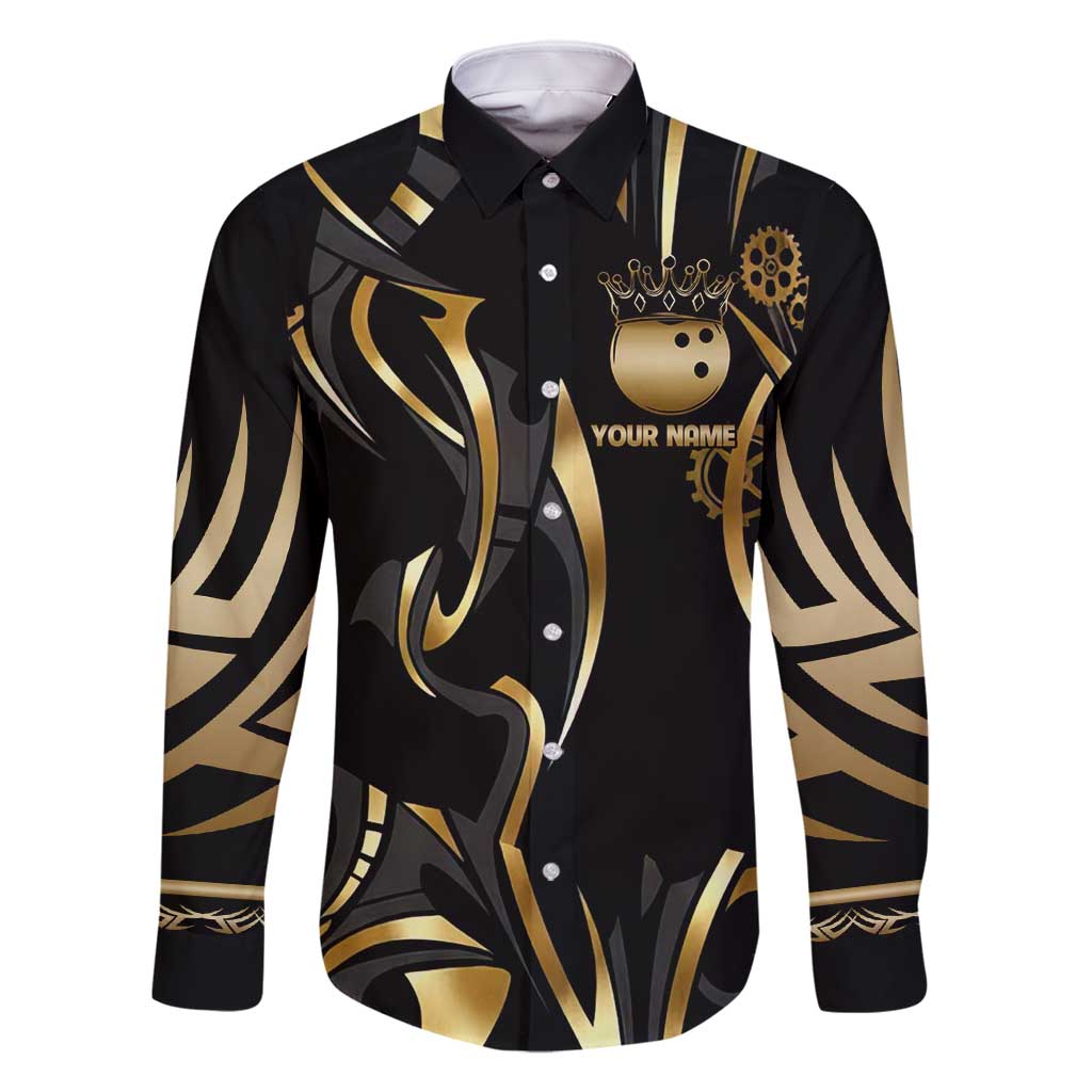 Personalized Golden Tribal Bowling Ball Emblem Family Matching Summer Maxi Dress and Hawaiian Shirt with Black Abstract Metallic Pattern - Wonder Print Shop