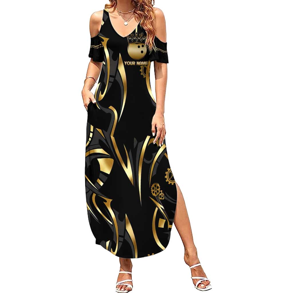 Personalized Golden Tribal Bowling Ball Emblem Family Matching Summer Maxi Dress and Hawaiian Shirt with Black Abstract Metallic Pattern - Wonder Print Shop