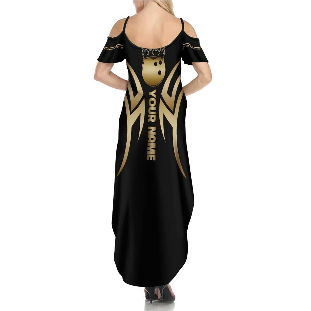 Personalized Golden Tribal Bowling Ball Emblem Family Matching Summer Maxi Dress and Hawaiian Shirt with Black Abstract Metallic Pattern - Wonder Print Shop