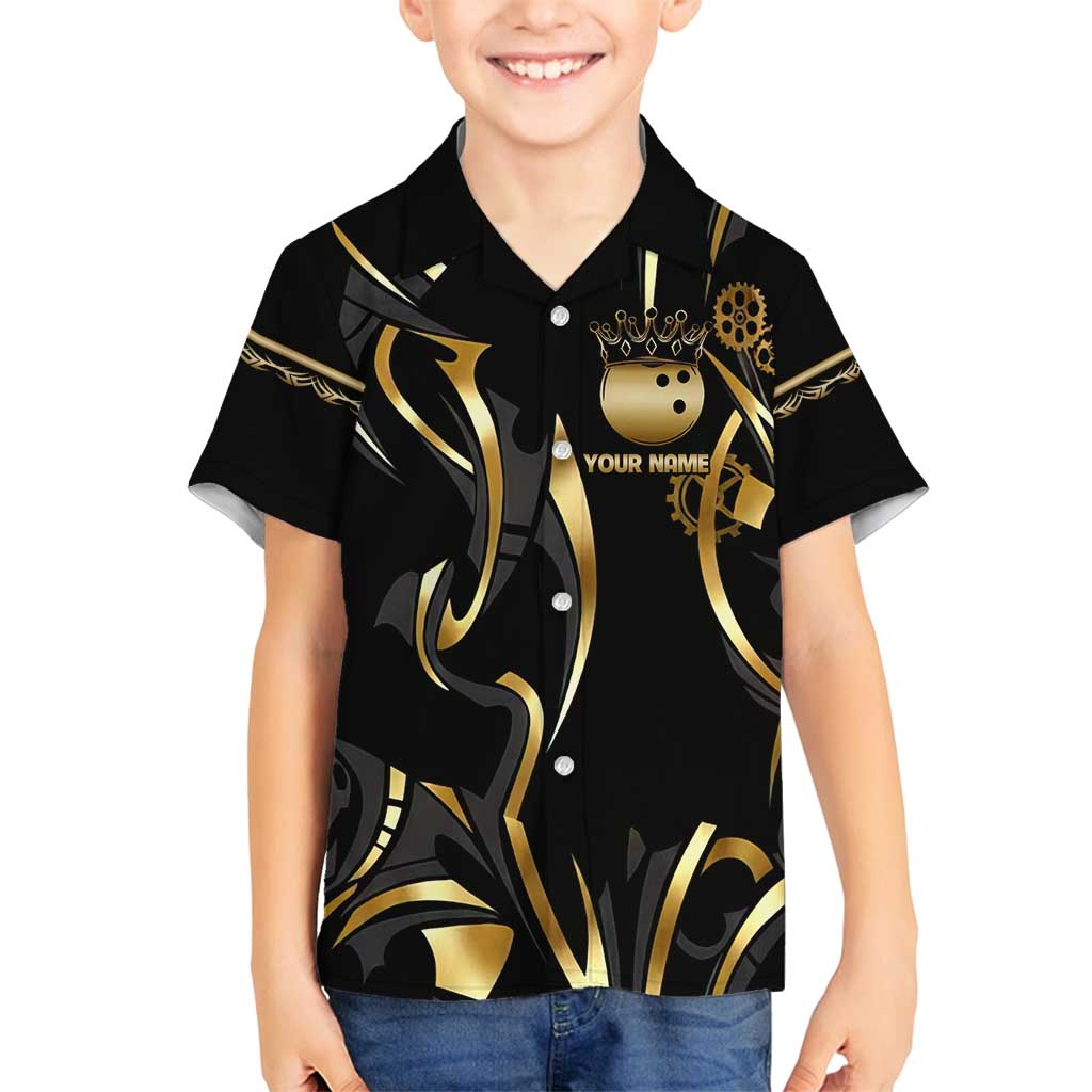 Personalized Golden Tribal Bowling Ball Emblem Family Matching Summer Maxi Dress and Hawaiian Shirt with Black Abstract Metallic Pattern - Wonder Print Shop
