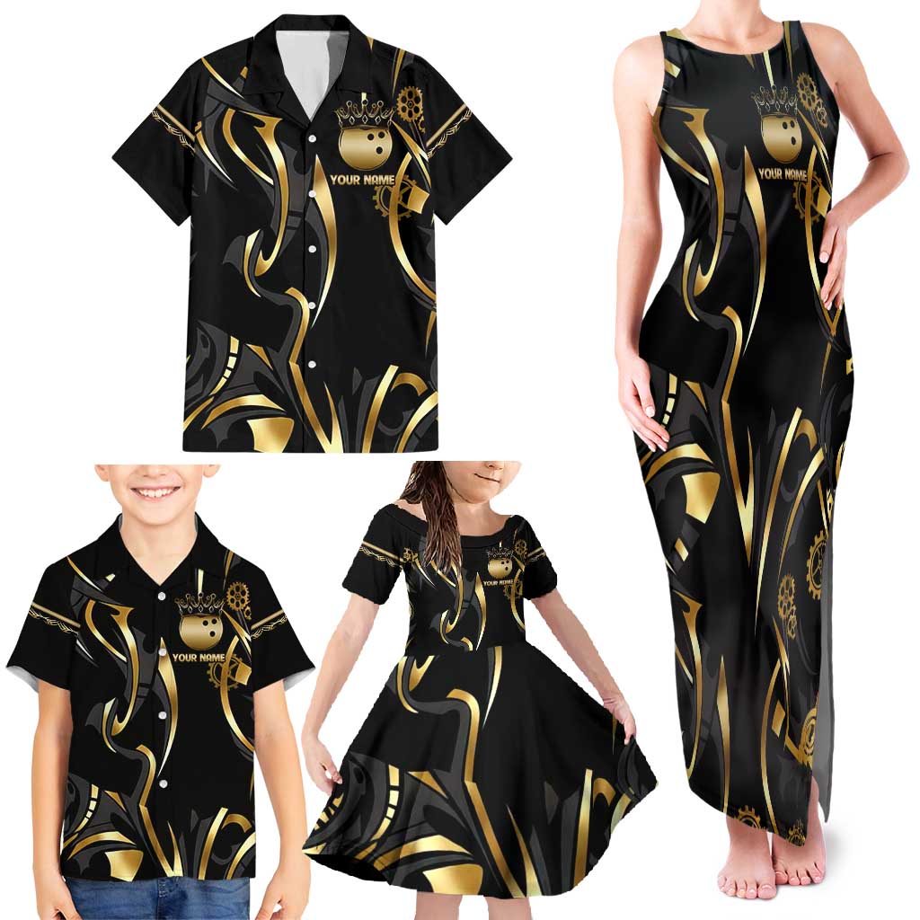 Personalized Golden Tribal Bowling Ball Emblem Family Matching Tank Maxi Dress and Hawaiian Shirt with Black Abstract Metallic Pattern - Wonder Print Shop