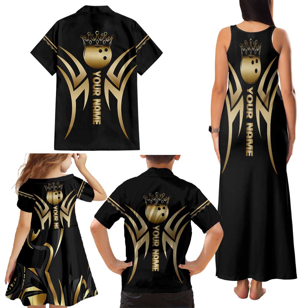 Personalized Golden Tribal Bowling Ball Emblem Family Matching Tank Maxi Dress and Hawaiian Shirt with Black Abstract Metallic Pattern - Wonder Print Shop