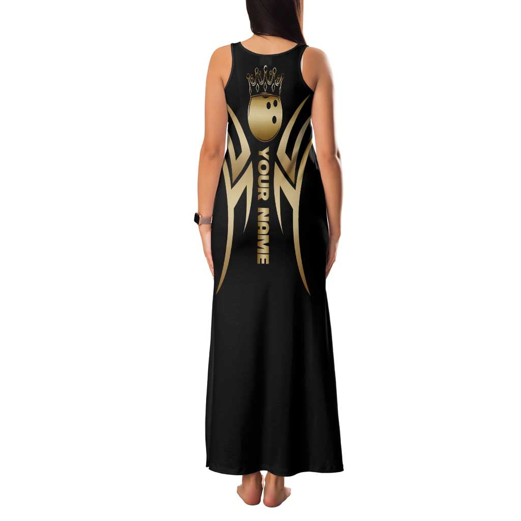 Personalized Golden Tribal Bowling Ball Emblem Family Matching Tank Maxi Dress and Hawaiian Shirt with Black Abstract Metallic Pattern - Wonder Print Shop