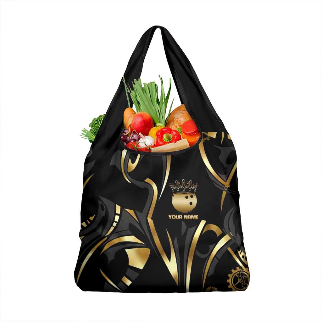 Personalized Golden Tribal Bowling Ball Emblem Grocery Bag with Black Abstract Metallic Pattern - Wonder Print Shop