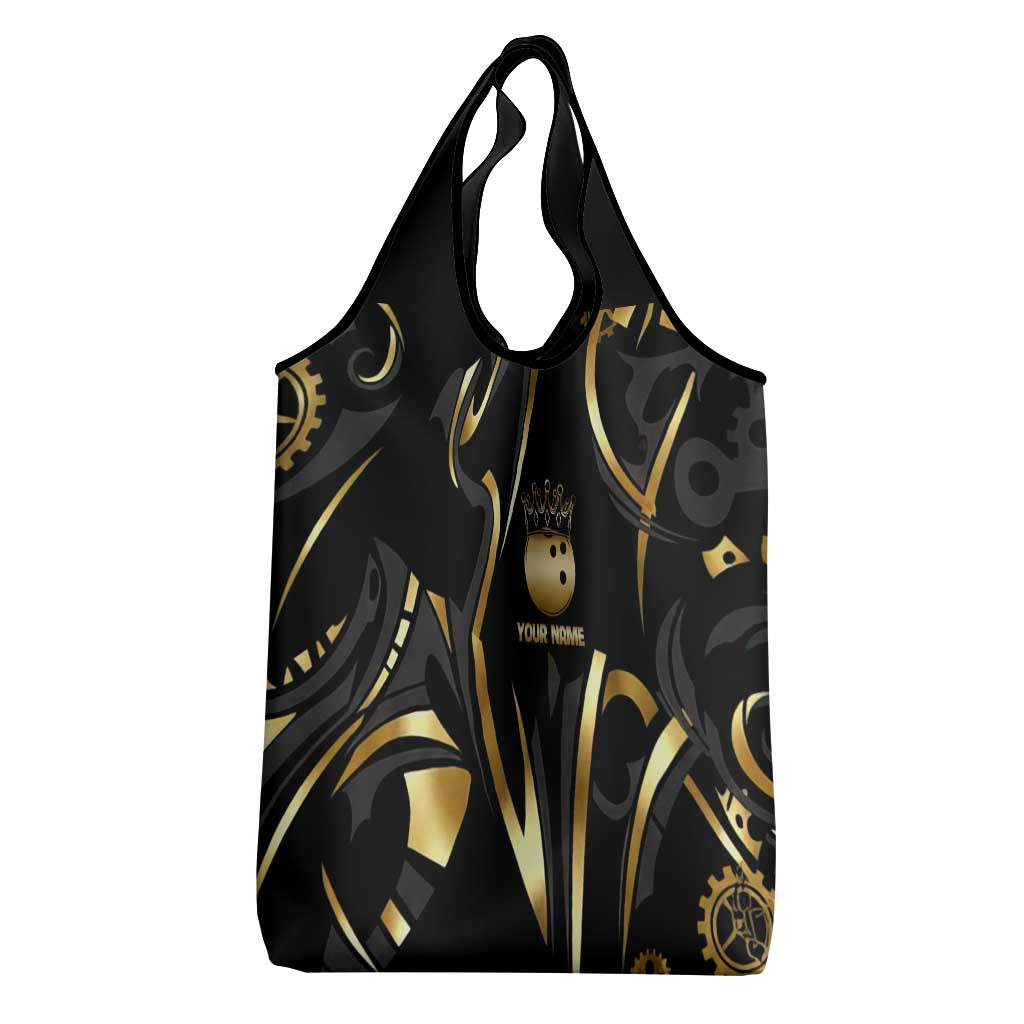 Personalized Golden Tribal Bowling Ball Emblem Grocery Bag with Black Abstract Metallic Pattern - Wonder Print Shop