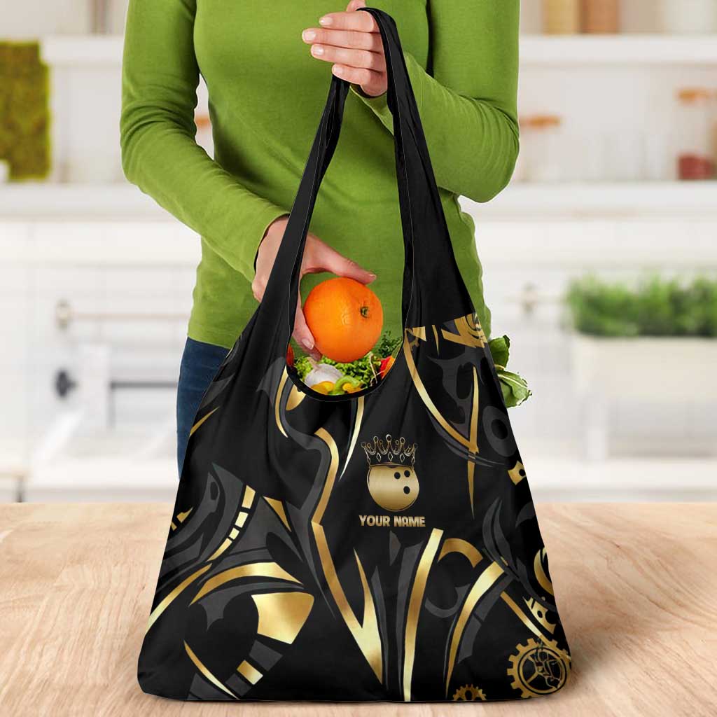 Personalized Golden Tribal Bowling Ball Emblem Grocery Bag with Black Abstract Metallic Pattern - Wonder Print Shop