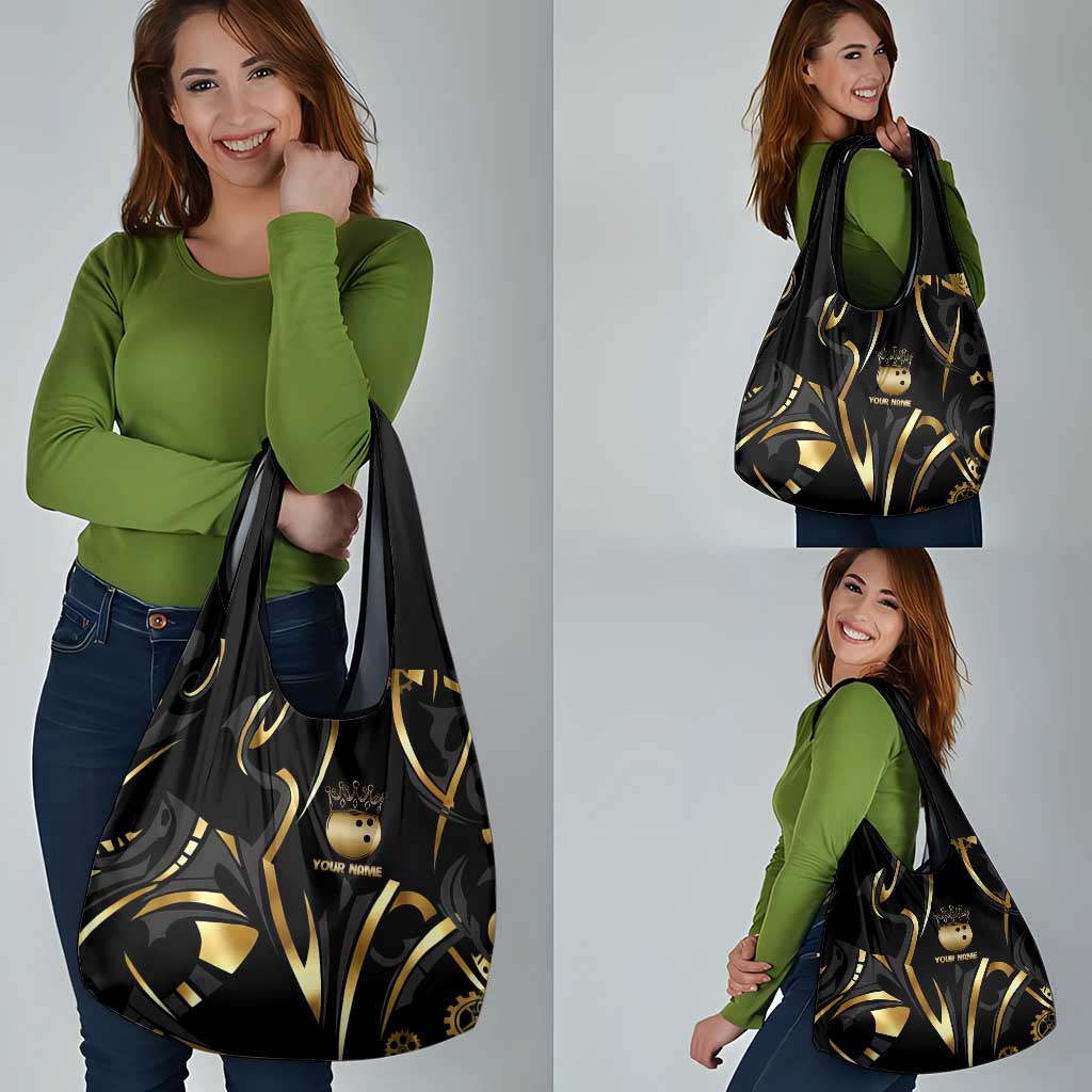 Personalized Golden Tribal Bowling Ball Emblem Grocery Bag with Black Abstract Metallic Pattern - Wonder Print Shop