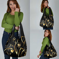 Personalized Golden Tribal Bowling Ball Emblem Grocery Bag with Black Abstract Metallic Pattern - Wonder Print Shop