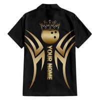 Personalized Golden Tribal Bowling Ball Emblem Hawaiian Shirt with Black Abstract Metallic Pattern - Wonder Print Shop