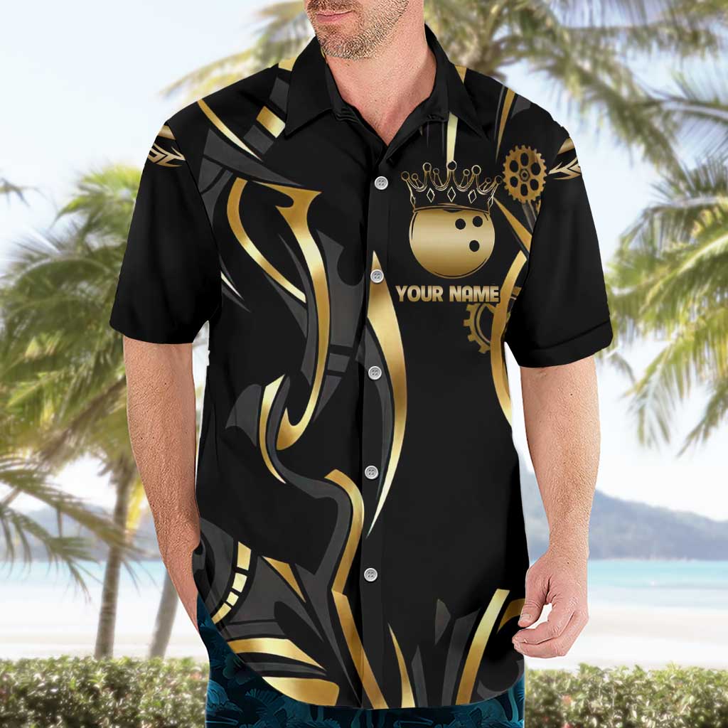 Personalized Golden Tribal Bowling Ball Emblem Hawaiian Shirt with Black Abstract Metallic Pattern - Wonder Print Shop