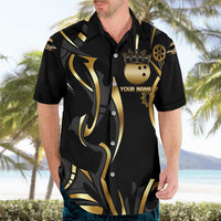 Personalized Golden Tribal Bowling Ball Emblem Hawaiian Shirt with Black Abstract Metallic Pattern - Wonder Print Shop