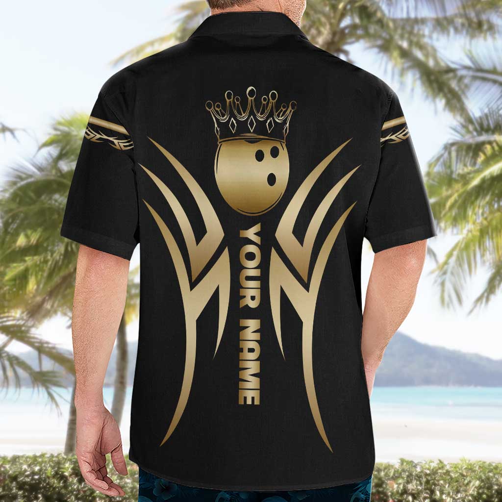 Personalized Golden Tribal Bowling Ball Emblem Hawaiian Shirt with Black Abstract Metallic Pattern - Wonder Print Shop