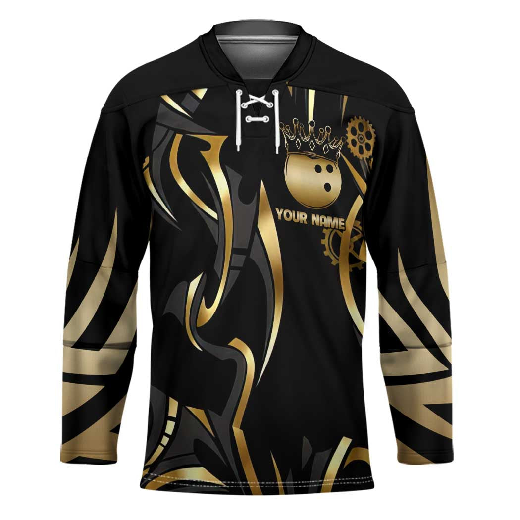 Personalized Golden Tribal Bowling Ball Emblem Hockey Jersey with Black Abstract Metallic Pattern - Wonder Print Shop