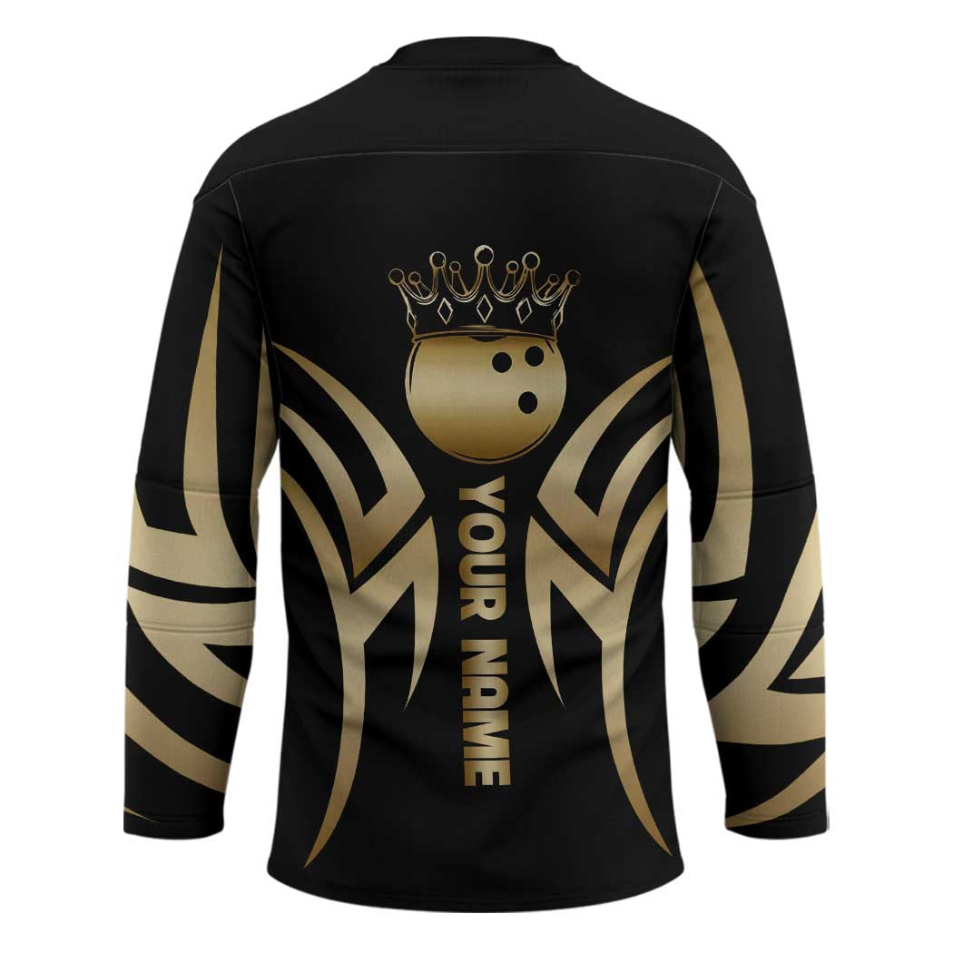 Personalized Golden Tribal Bowling Ball Emblem Hockey Jersey with Black Abstract Metallic Pattern - Wonder Print Shop
