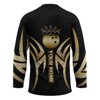 Personalized Golden Tribal Bowling Ball Emblem Hockey Jersey with Black Abstract Metallic Pattern - Wonder Print Shop