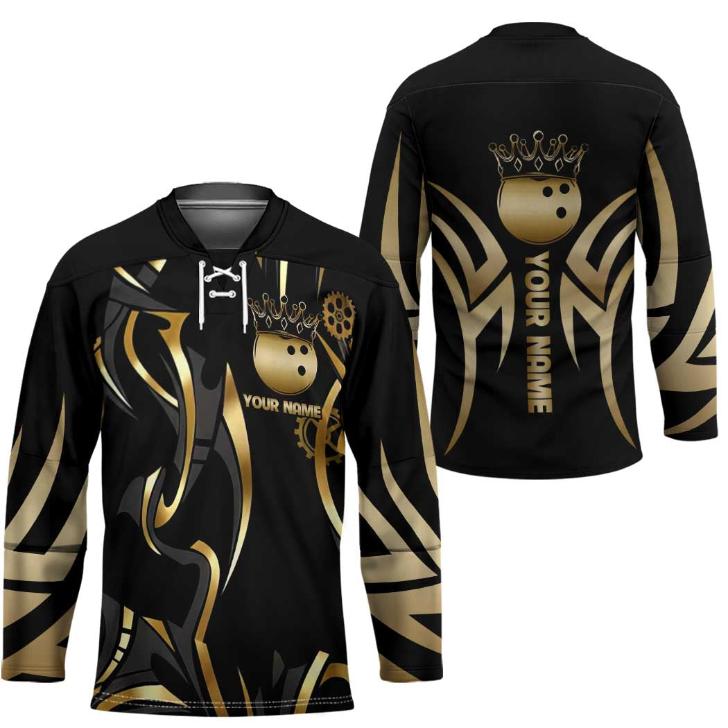 Personalized Golden Tribal Bowling Ball Emblem Hockey Jersey with Black Abstract Metallic Pattern - Wonder Print Shop