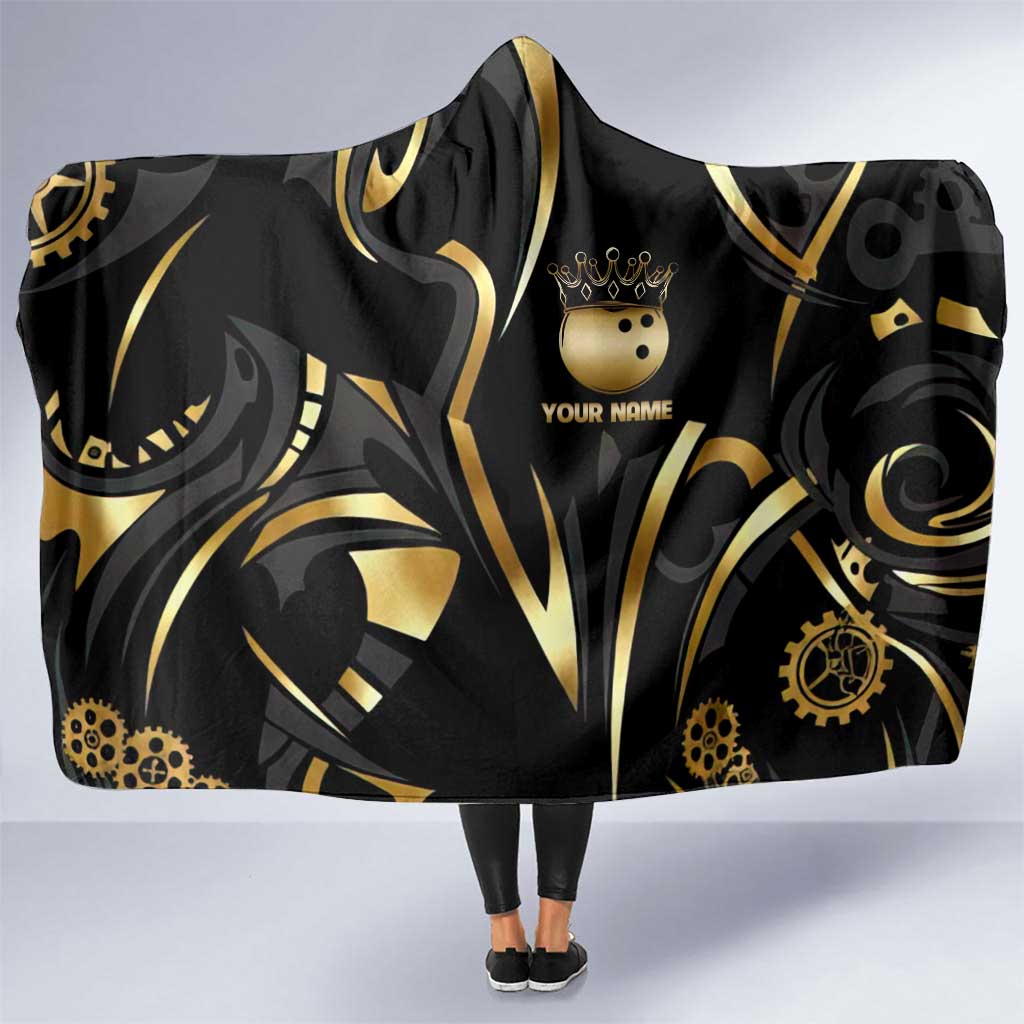 Personalized Golden Tribal Bowling Ball Emblem Hooded Blanket with Black Abstract Metallic Pattern - Wonder Print Shop