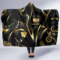 Personalized Golden Tribal Bowling Ball Emblem Hooded Blanket with Black Abstract Metallic Pattern - Wonder Print Shop