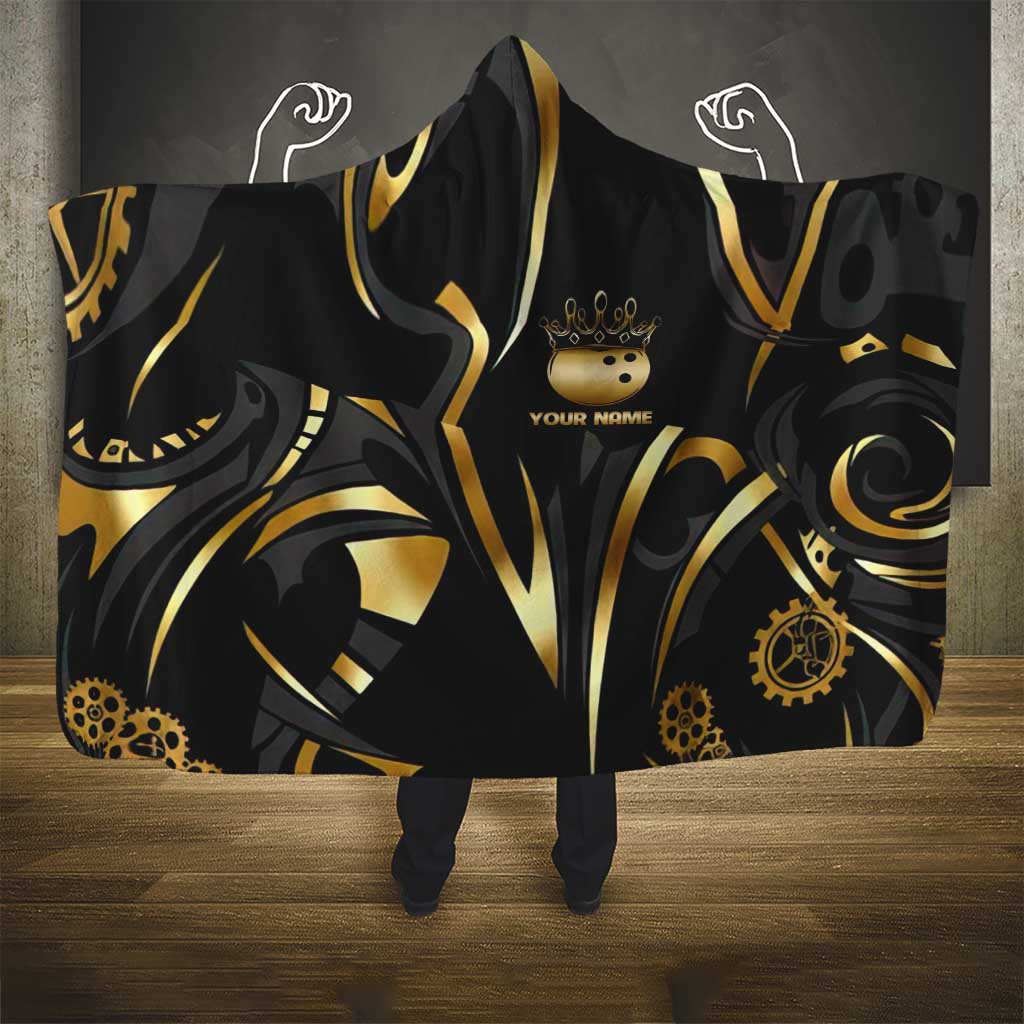 Personalized Golden Tribal Bowling Ball Emblem Hooded Blanket with Black Abstract Metallic Pattern - Wonder Print Shop