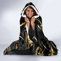 Personalized Golden Tribal Bowling Ball Emblem Hooded Blanket with Black Abstract Metallic Pattern - Wonder Print Shop