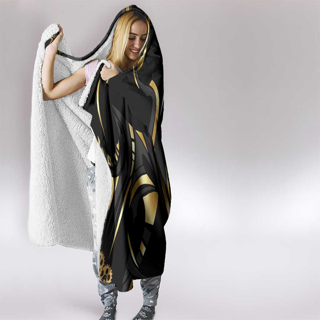 Personalized Golden Tribal Bowling Ball Emblem Hooded Blanket with Black Abstract Metallic Pattern - Wonder Print Shop