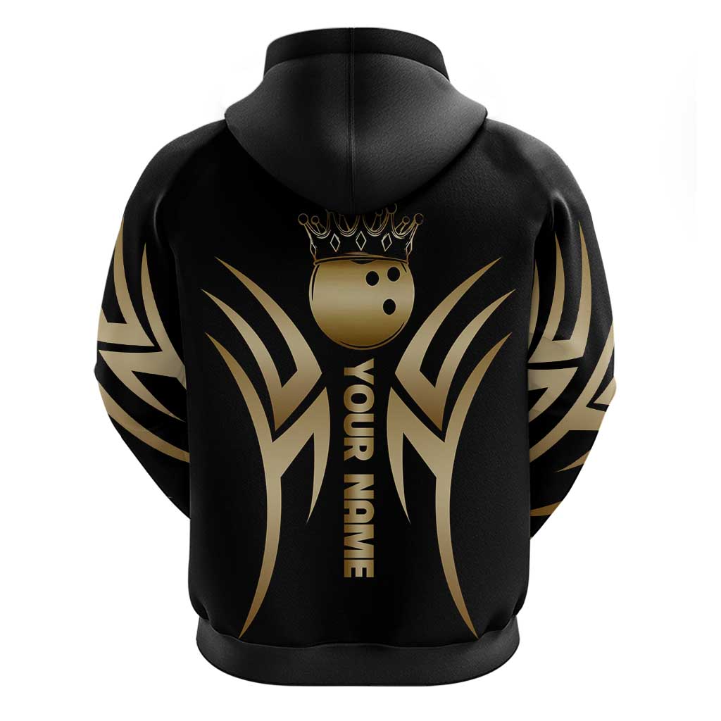 Personalized Golden Tribal Bowling Ball Emblem Hoodie with Black Abstract Metallic Pattern - Wonder Print Shop