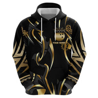 Personalized Golden Tribal Bowling Ball Emblem Hoodie with Black Abstract Metallic Pattern - Wonder Print Shop