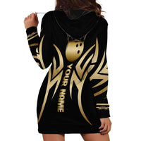 Personalized Golden Tribal Bowling Ball Emblem Hoodie Dress with Black Abstract Metallic Pattern - Wonder Print Shop