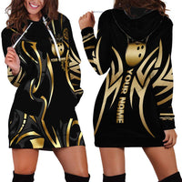 Personalized Golden Tribal Bowling Ball Emblem Hoodie Dress with Black Abstract Metallic Pattern - Wonder Print Shop