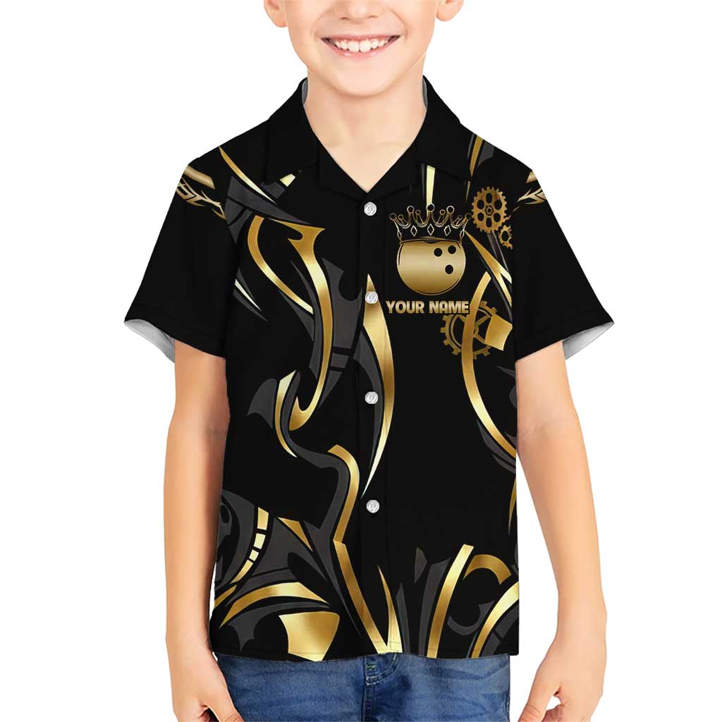 Personalized Golden Tribal Bowling Ball Emblem Kid Hawaiian Shirt with Black Abstract Metallic Pattern - Wonder Print Shop
