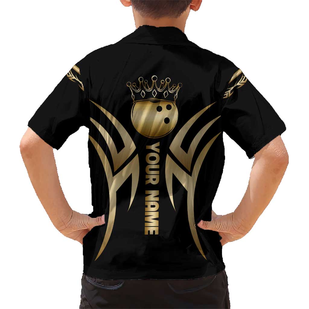 Personalized Golden Tribal Bowling Ball Emblem Kid Hawaiian Shirt with Black Abstract Metallic Pattern - Wonder Print Shop