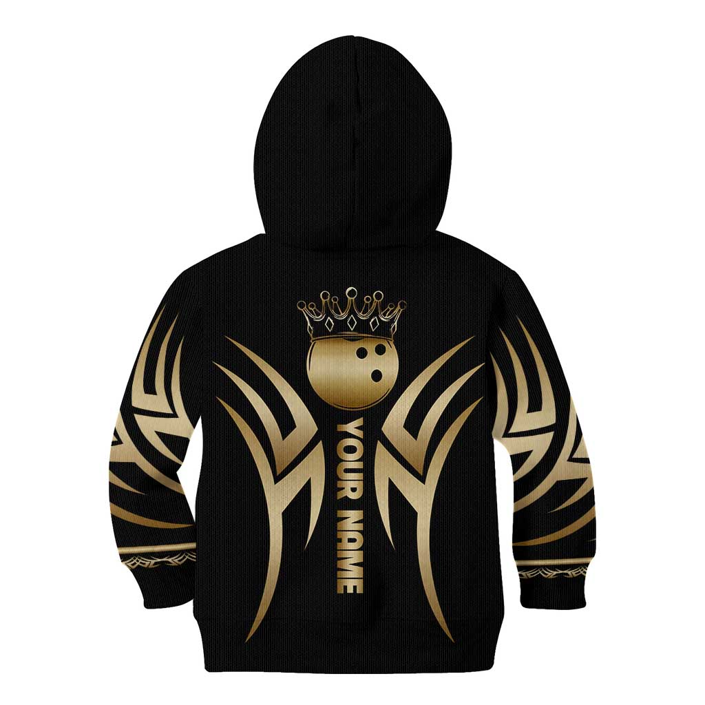 Personalized Golden Tribal Bowling Ball Emblem Kid Hoodie with Black Abstract Metallic Pattern - Wonder Print Shop