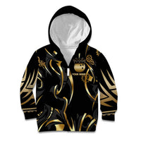 Personalized Golden Tribal Bowling Ball Emblem Kid Hoodie with Black Abstract Metallic Pattern - Wonder Print Shop
