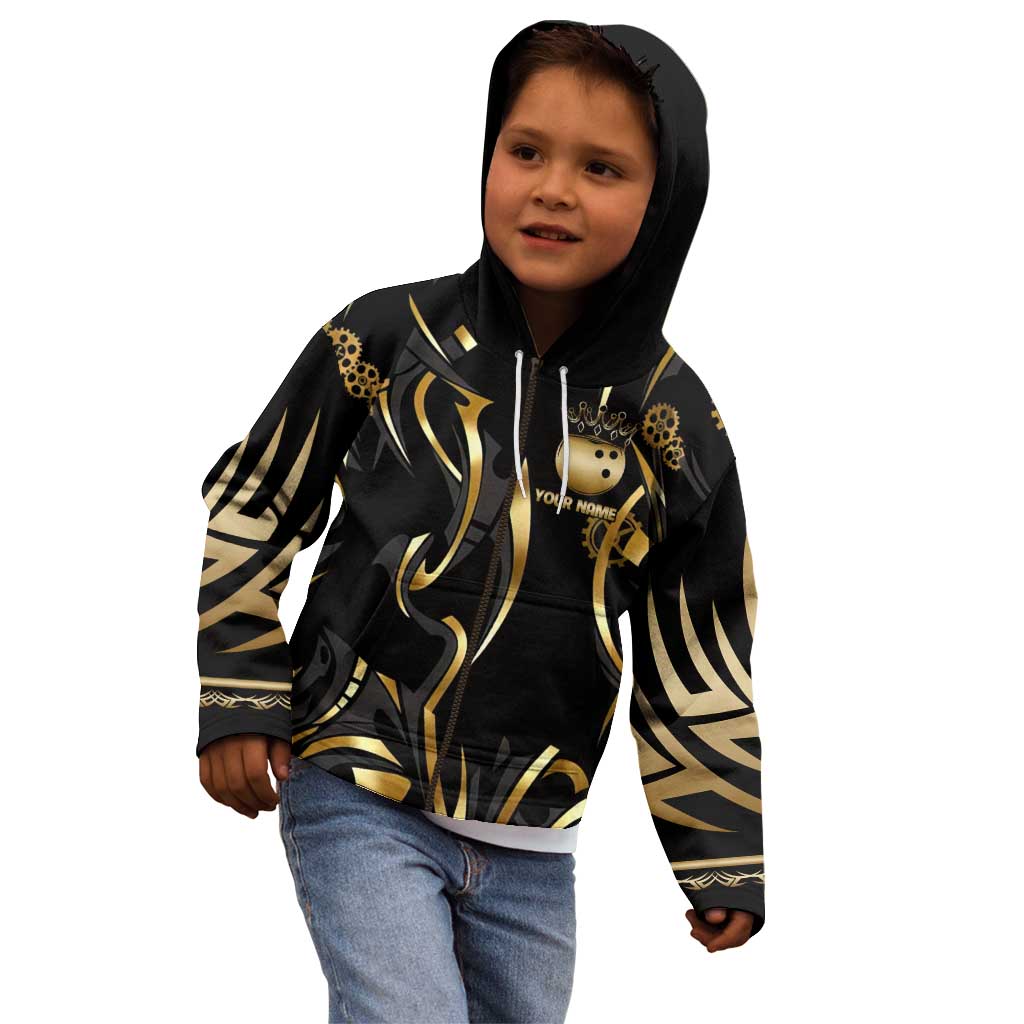 Personalized Golden Tribal Bowling Ball Emblem Kid Hoodie with Black Abstract Metallic Pattern - Wonder Print Shop