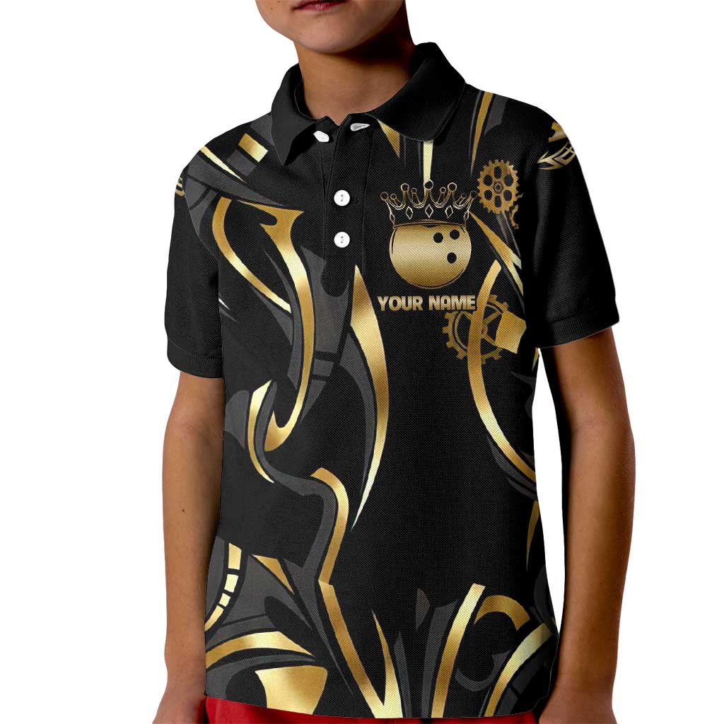 Personalized Golden Tribal Bowling Ball Emblem Kid Polo Shirt with Black Abstract Metallic Pattern - Wonder Print Shop