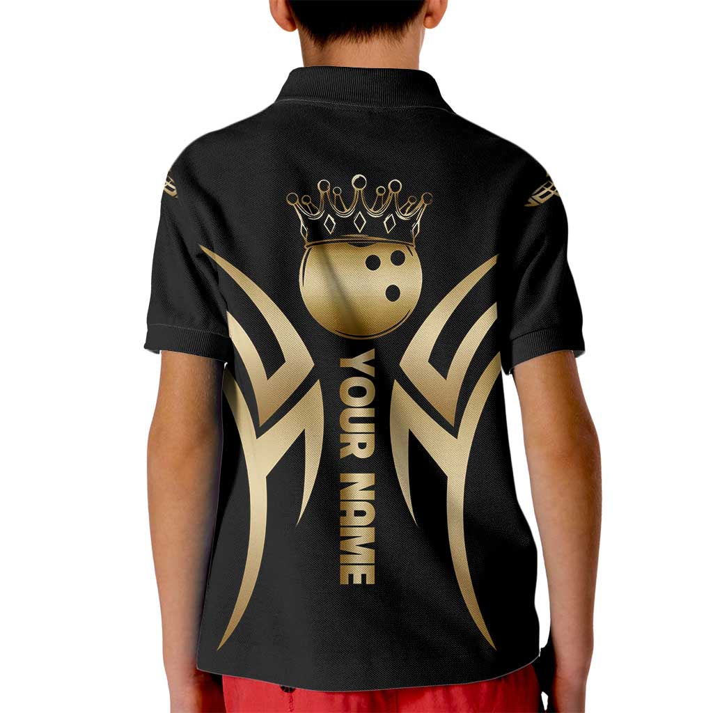 Personalized Golden Tribal Bowling Ball Emblem Kid Polo Shirt with Black Abstract Metallic Pattern - Wonder Print Shop