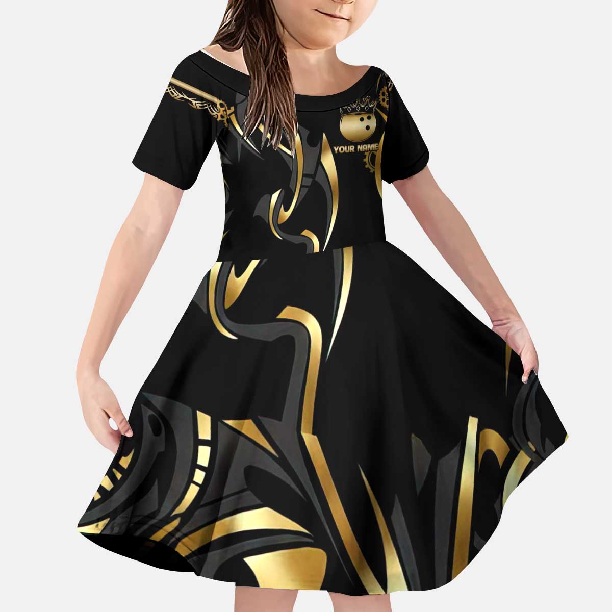 Personalized Golden Tribal Bowling Ball Emblem Kid Short Sleeve Dress with Black Abstract Metallic Pattern - Wonder Print Shop