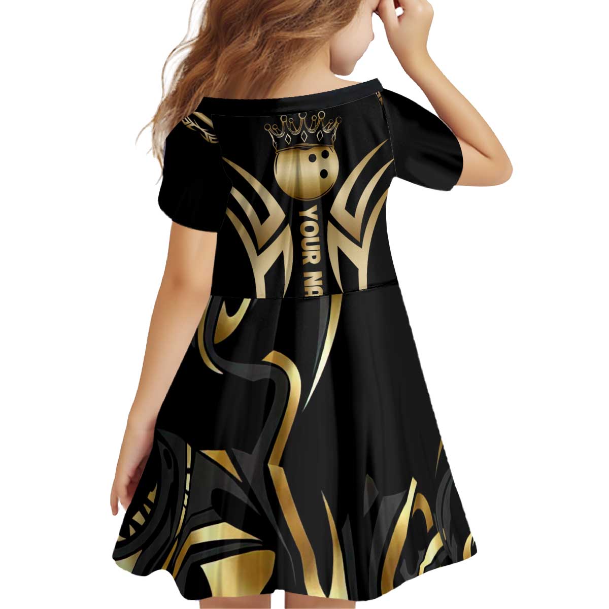 Personalized Golden Tribal Bowling Ball Emblem Kid Short Sleeve Dress with Black Abstract Metallic Pattern - Wonder Print Shop
