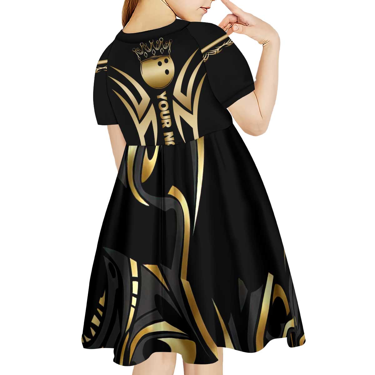 Personalized Golden Tribal Bowling Ball Emblem Kid Short Sleeve Dress with Black Abstract Metallic Pattern - Wonder Print Shop