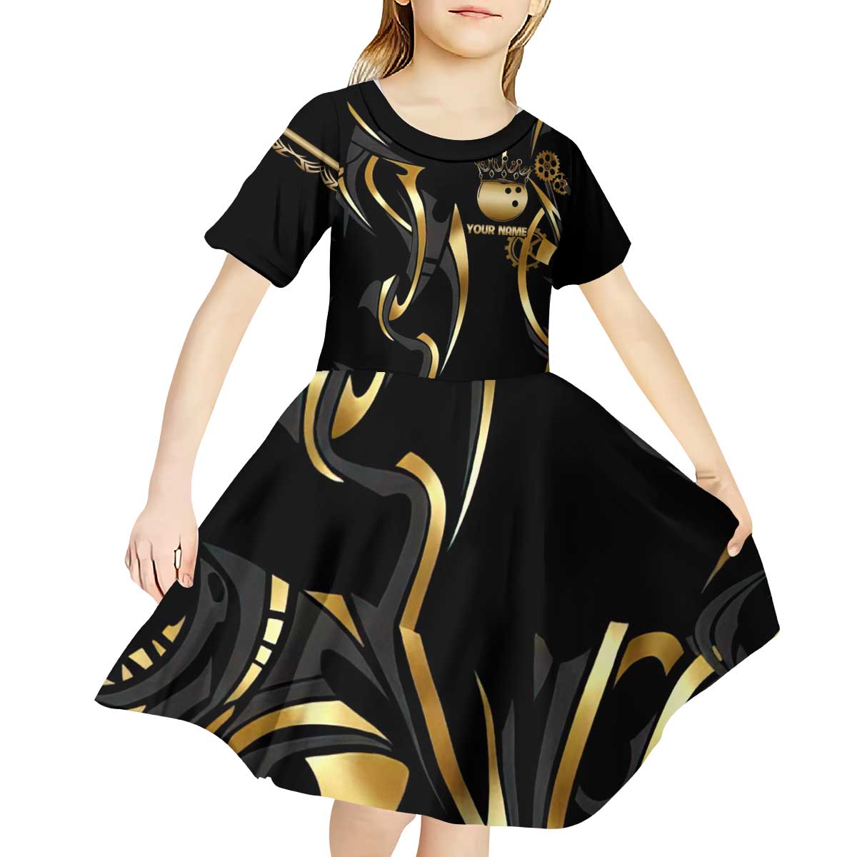 Personalized Golden Tribal Bowling Ball Emblem Kid Short Sleeve Dress with Black Abstract Metallic Pattern - Wonder Print Shop