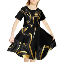 Personalized Golden Tribal Bowling Ball Emblem Kid Short Sleeve Dress with Black Abstract Metallic Pattern - Wonder Print Shop