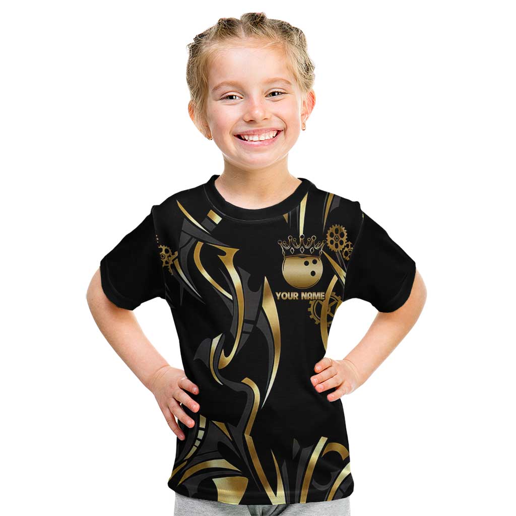 Personalized Golden Tribal Bowling Ball Emblem Kid T Shirt with Black Abstract Metallic Pattern - Wonder Print Shop
