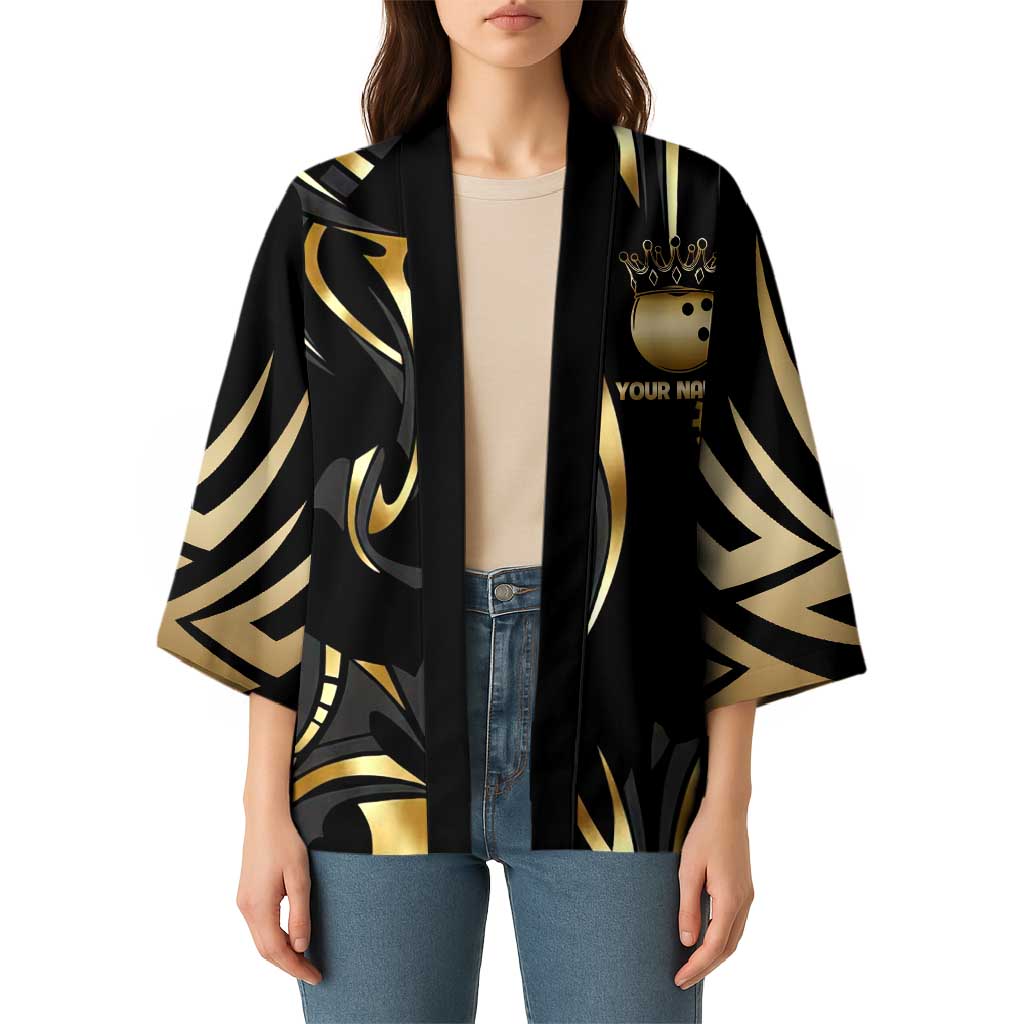 Personalized Golden Tribal Bowling Ball Emblem Kimono with Black Abstract Metallic Pattern - Wonder Print Shop