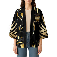 Personalized Golden Tribal Bowling Ball Emblem Kimono with Black Abstract Metallic Pattern - Wonder Print Shop