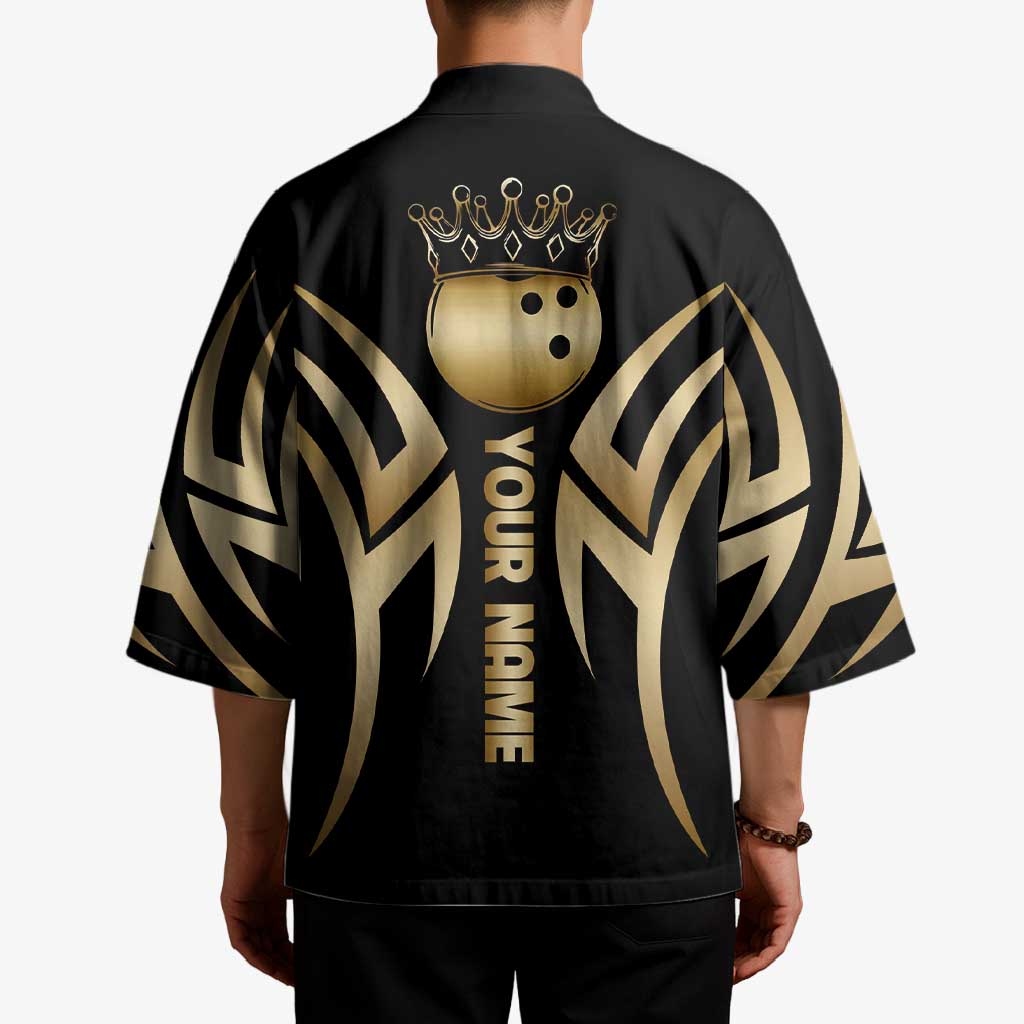 Personalized Golden Tribal Bowling Ball Emblem Kimono with Black Abstract Metallic Pattern - Wonder Print Shop
