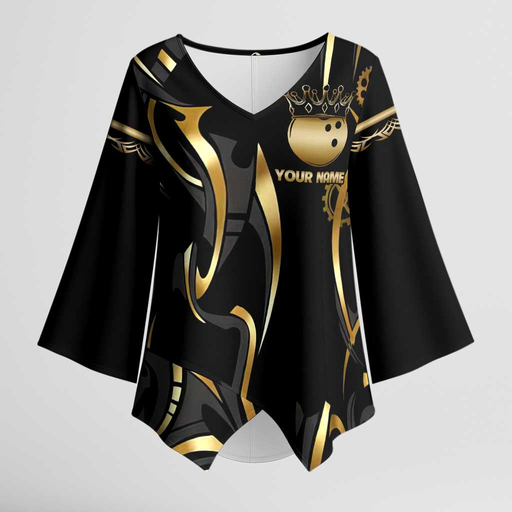 Personalized Golden Tribal Bowling Ball Emblem Kimono Sleeve Blouse with Black Abstract Metallic Pattern - Wonder Print Shop