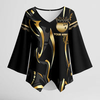 Personalized Golden Tribal Bowling Ball Emblem Kimono Sleeve Blouse with Black Abstract Metallic Pattern - Wonder Print Shop
