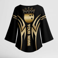 Personalized Golden Tribal Bowling Ball Emblem Kimono Sleeve Blouse with Black Abstract Metallic Pattern - Wonder Print Shop